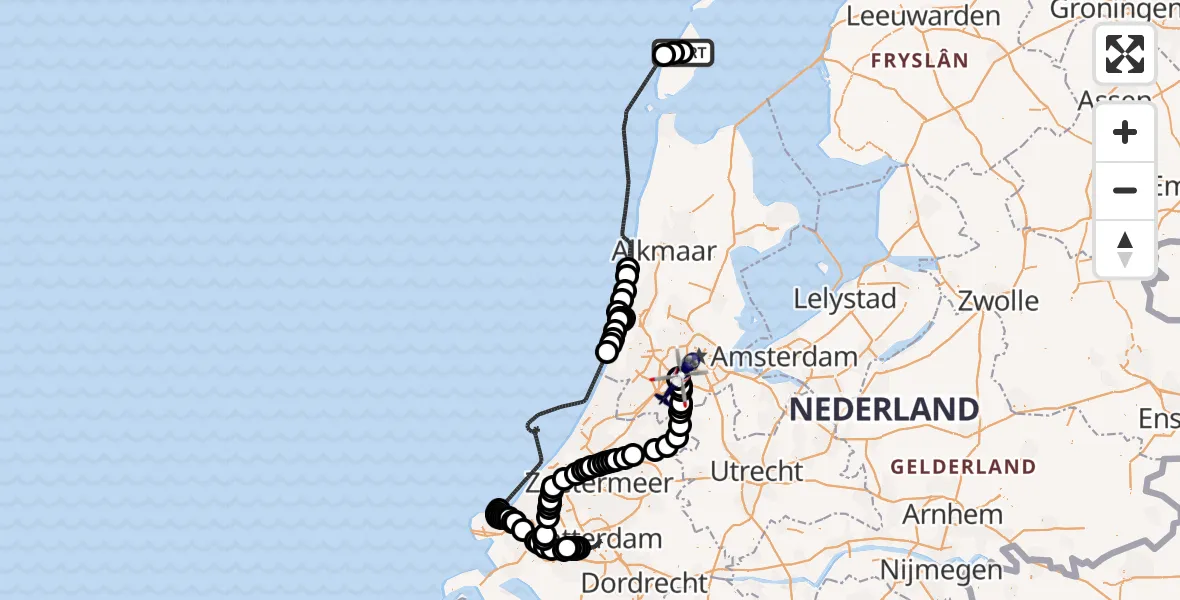 Vluchtroute Politiehelikopter van Texel International Airport naar Amsterdam Vliegveld Schiphol