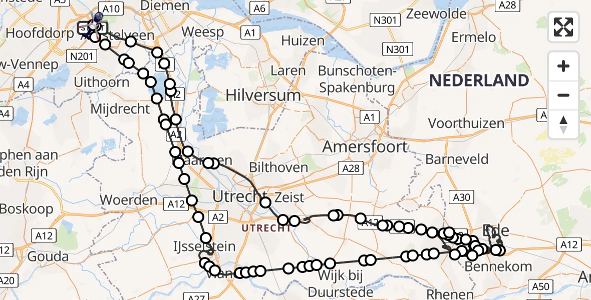 Vluchtroute Politiehelikopter van Amsterdam Vliegveld Schiphol naar Amsterdam Vliegveld Schiphol