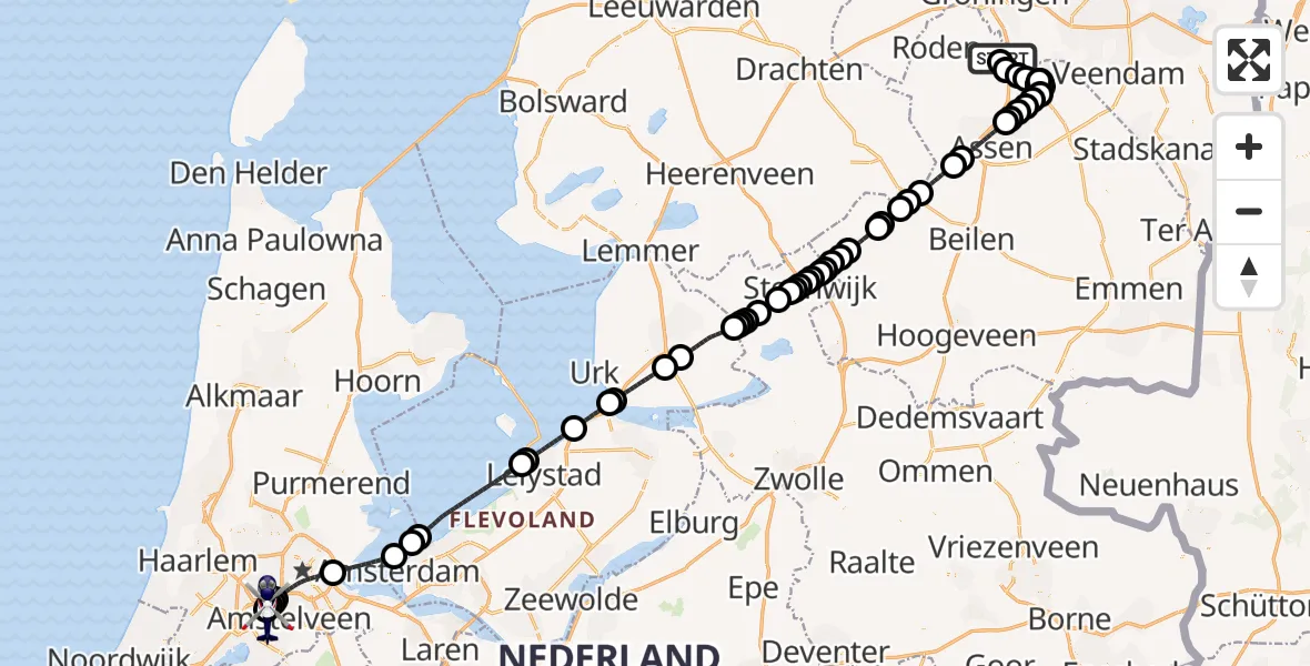 Vluchtroute Politiehelikopter van Groningen Airport Eelde naar Amsterdam Vliegveld Schiphol