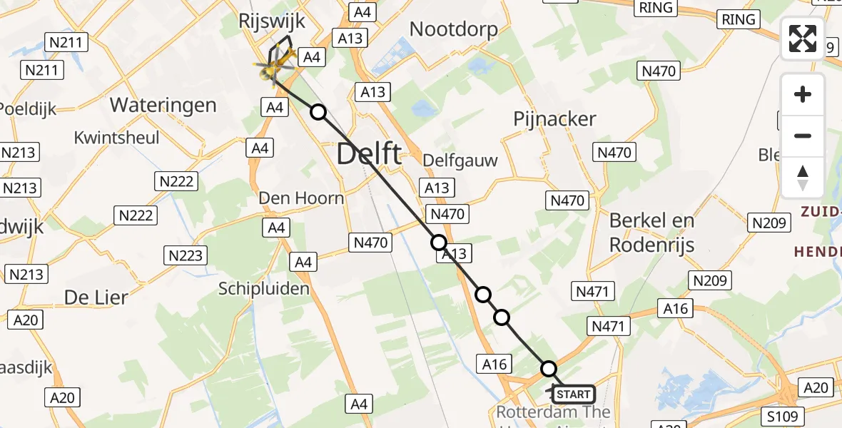 Vluchtroute Traumahelikopter van Rotterdam The Hague Airport naar Rijswijk