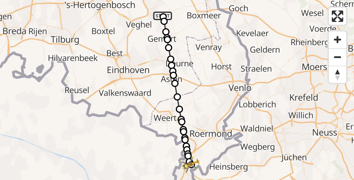 Vluchtroute Traumahelikopter van Vliegbasis Volkel naar Susteren