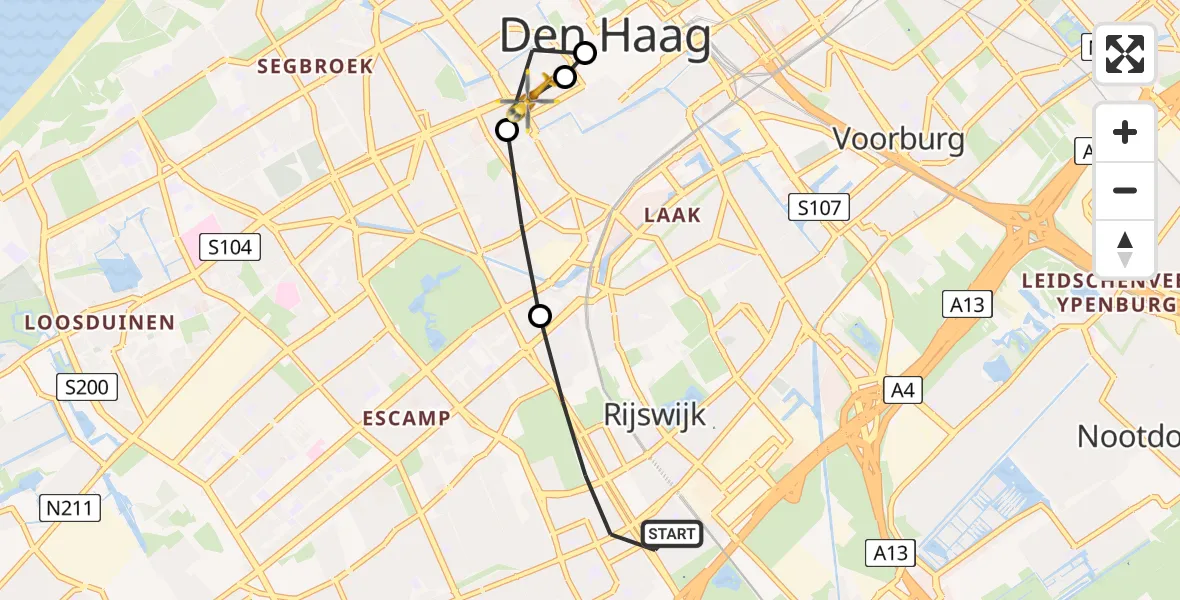 Vluchtroute Traumahelikopter van Rijswijk naar HMC Westeinde Heliport