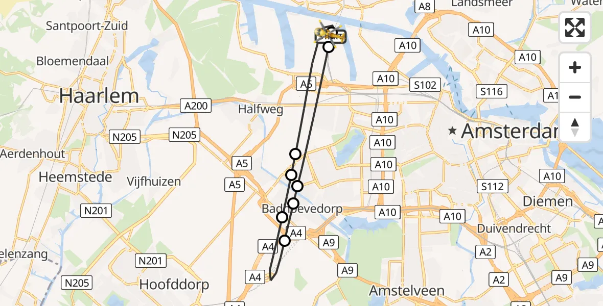 Vluchtroute Traumahelikopter van Amsterdam Heliport naar Amsterdam Heliport