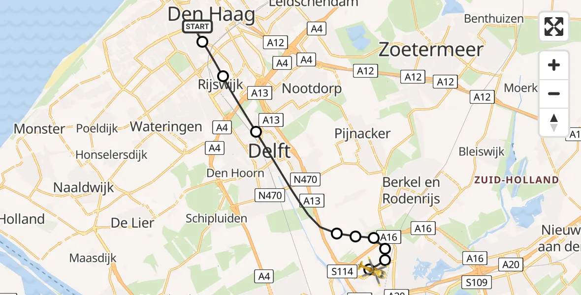 Vluchtroute Traumahelikopter van HMC Westeinde Heliport naar Rotterdam The Hague Airport