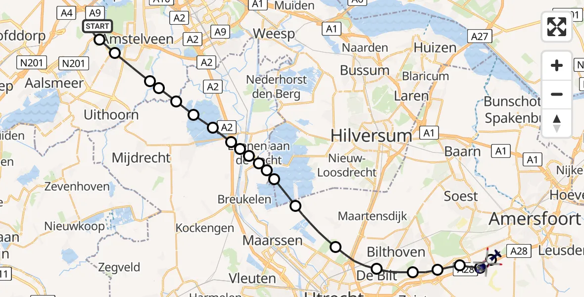 Vluchtroute Politiehelikopter van Amsterdam Vliegveld Schiphol naar Soesterberg