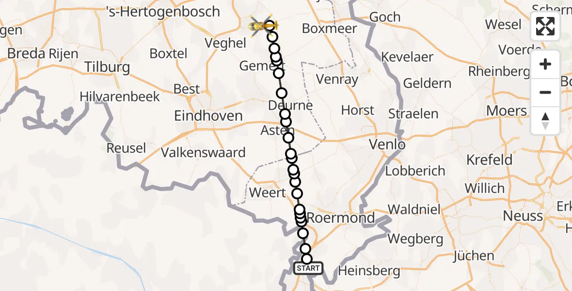 Vluchtroute Traumahelikopter van Dieteren naar Vliegbasis Volkel