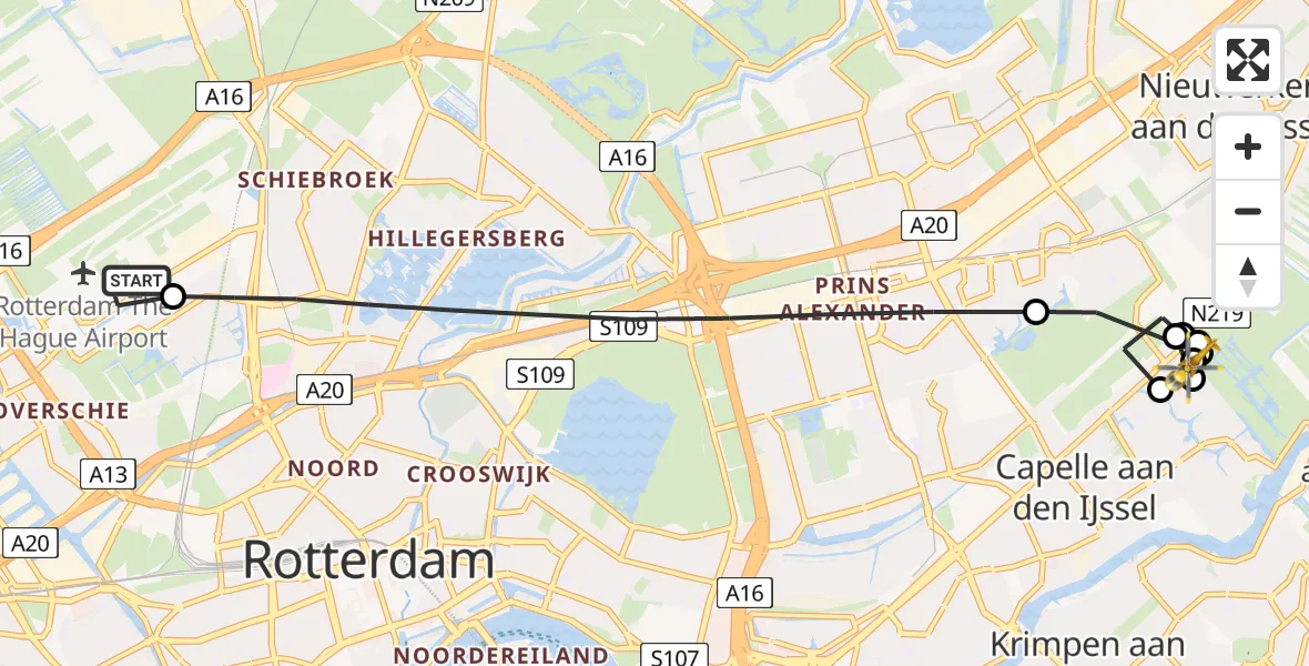 Vluchtroute Traumahelikopter van Rotterdam The Hague Airport naar Capelle aan den IJssel