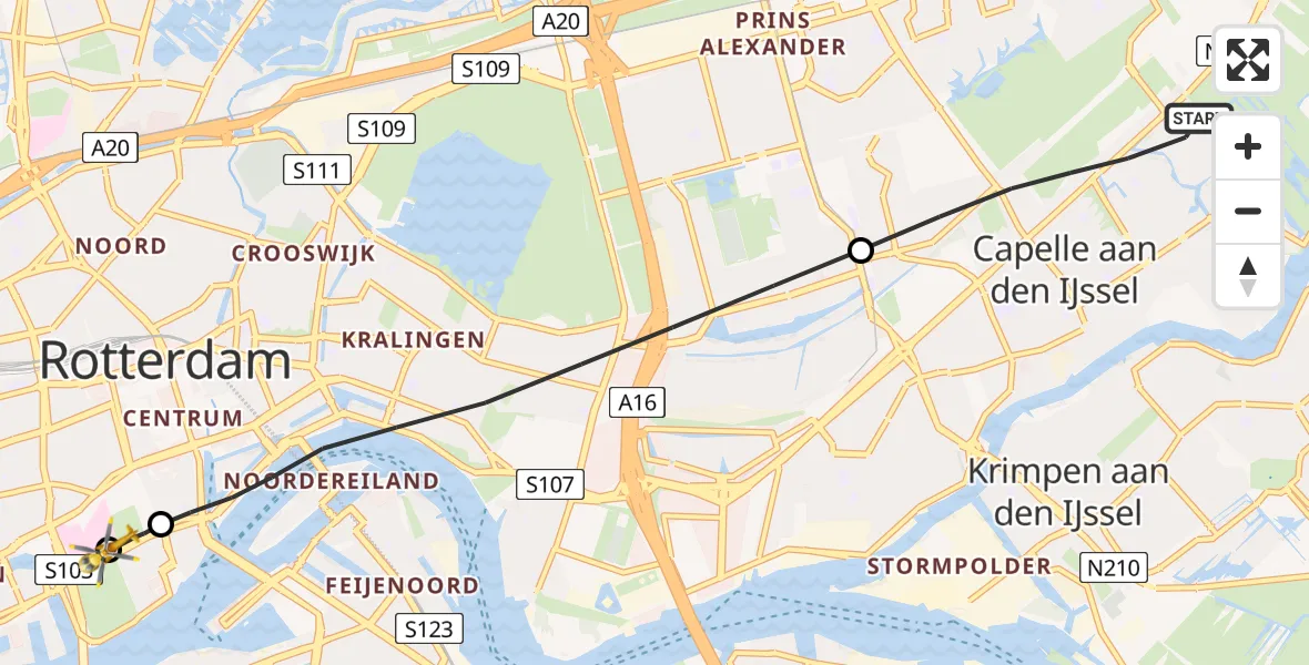 Vluchtroute Traumahelikopter van Capelle aan den IJssel naar Leids Universitair Medisch Centrum (LUMC)