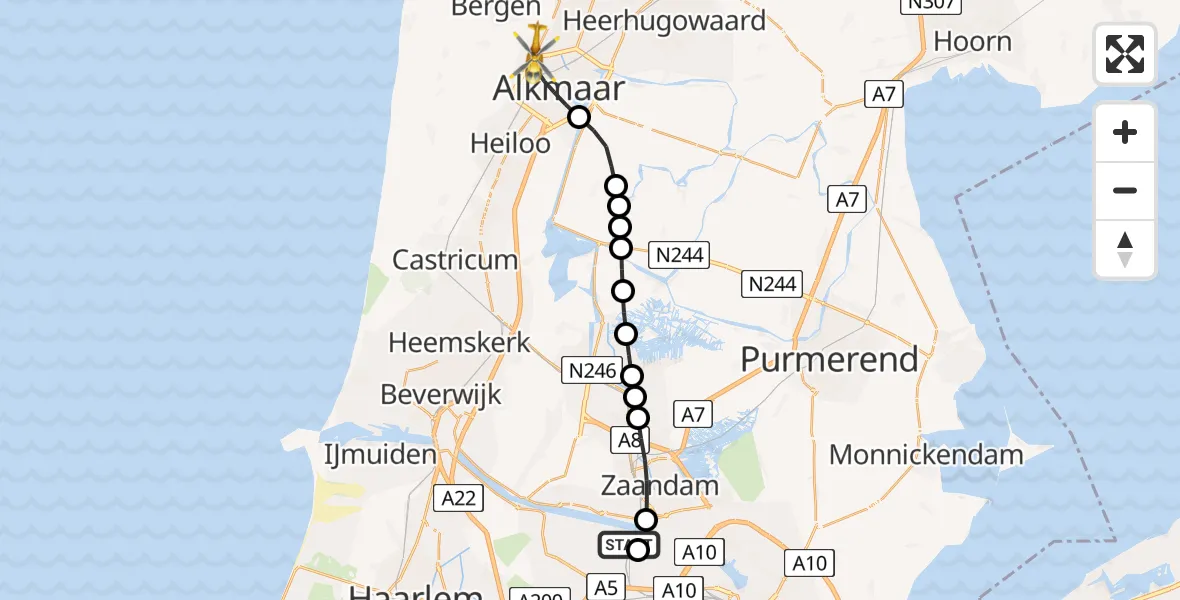Vluchtroute Traumahelikopter van Amsterdam Heliport naar Alkmaar