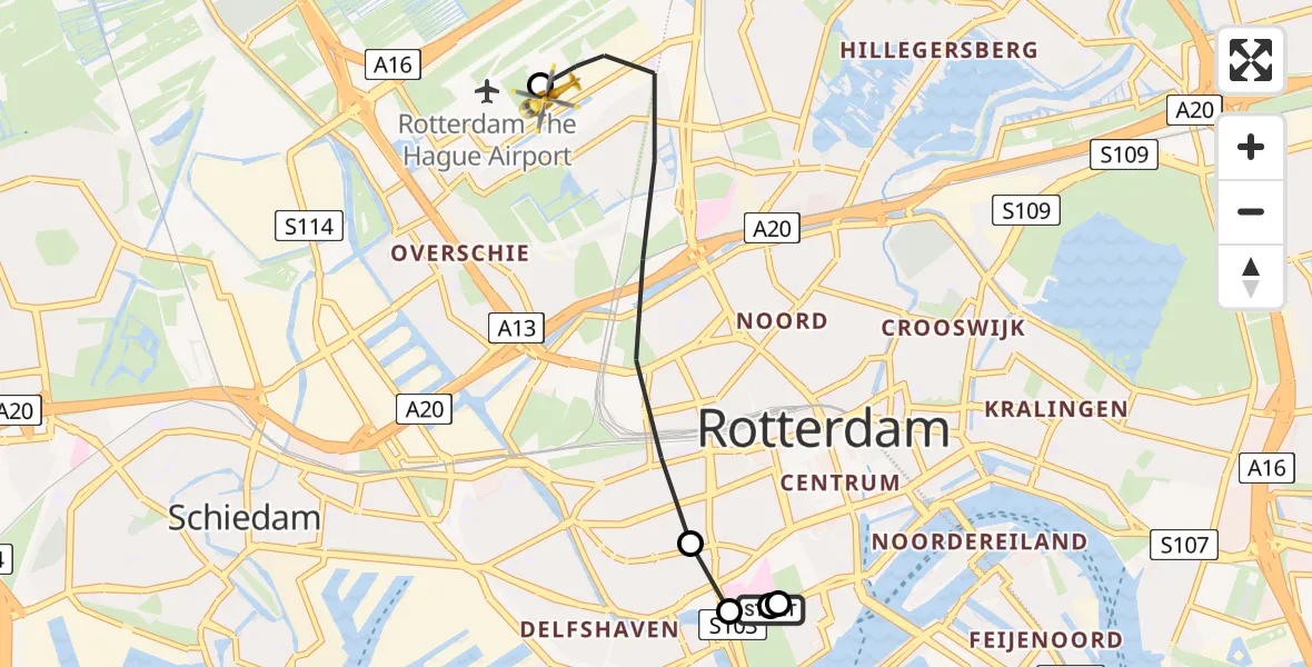 Vluchtroute Traumahelikopter van Erasmus MC naar Rotterdam The Hague Airport