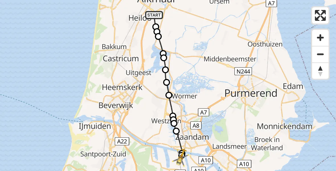 Vluchtroute Traumahelikopter van Alkmaar naar Amsterdam Heliport