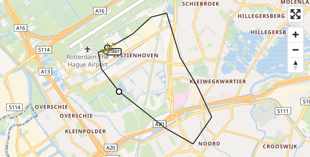 Vluchtroute Traumahelikopter van Rotterdam The Hague Airport naar Rotterdam The Hague Airport