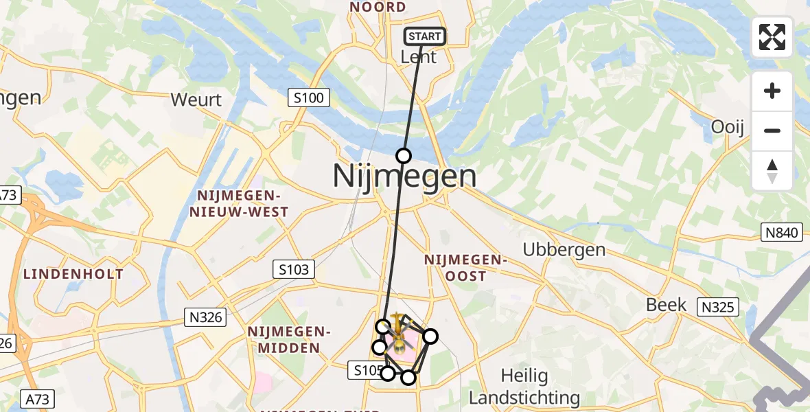 Vluchtroute Traumahelikopter van Lent naar Radboud University Medical Center Heliport