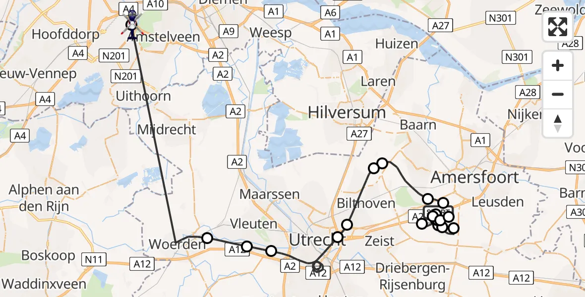 Vluchtroute Politiehelikopter van Soesterberg naar Amsterdam Vliegveld Schiphol