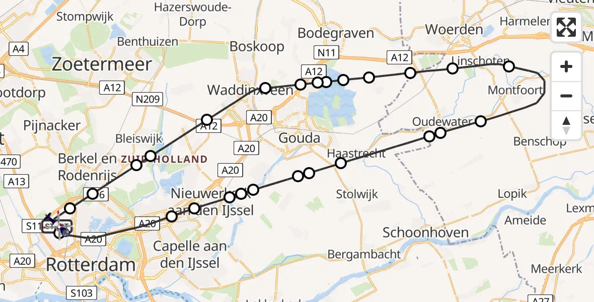Vluchtroute Politiehelikopter van Rotterdam The Hague Airport naar Rotterdam The Hague Airport