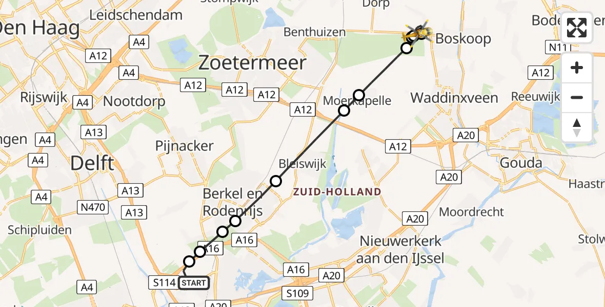 Vluchtroute Traumahelikopter van Rotterdam The Hague Airport naar Hazerswoude-Dorp