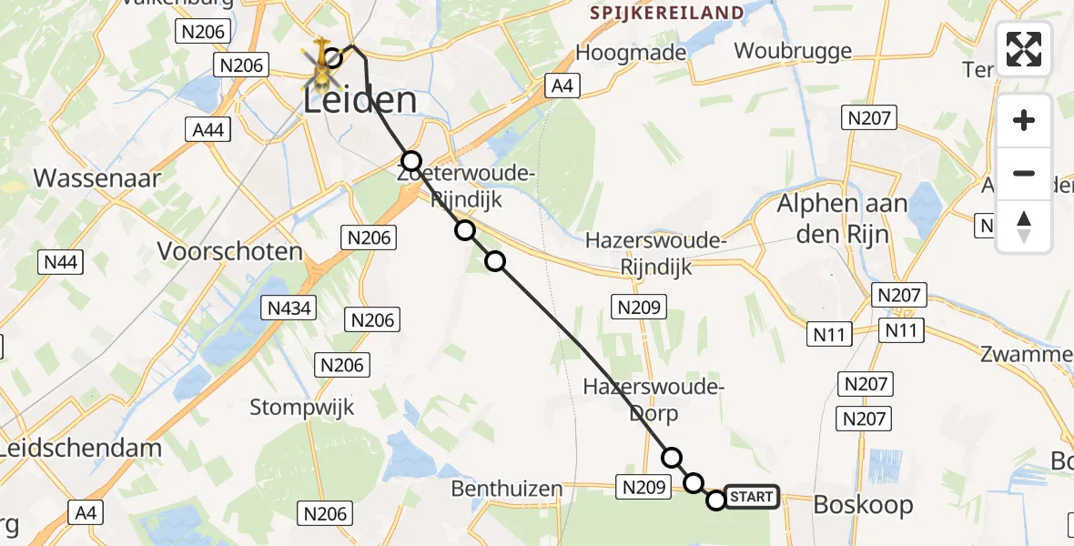 Vluchtroute Traumahelikopter van Hazerswoude-Dorp naar Leiden University Medical Center Heliport