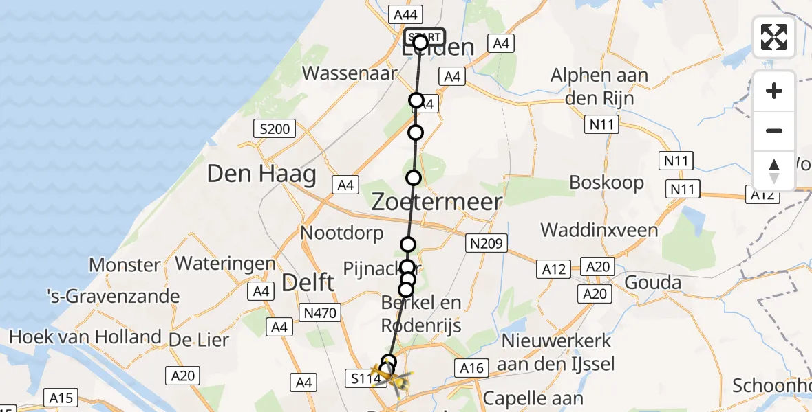 Vluchtroute Traumahelikopter van Leiden University Medical Center Heliport naar Rotterdam The Hague Airport