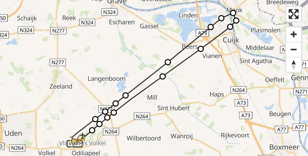 Vluchtroute Traumahelikopter van Vliegbasis Volkel naar Vliegbasis Volkel