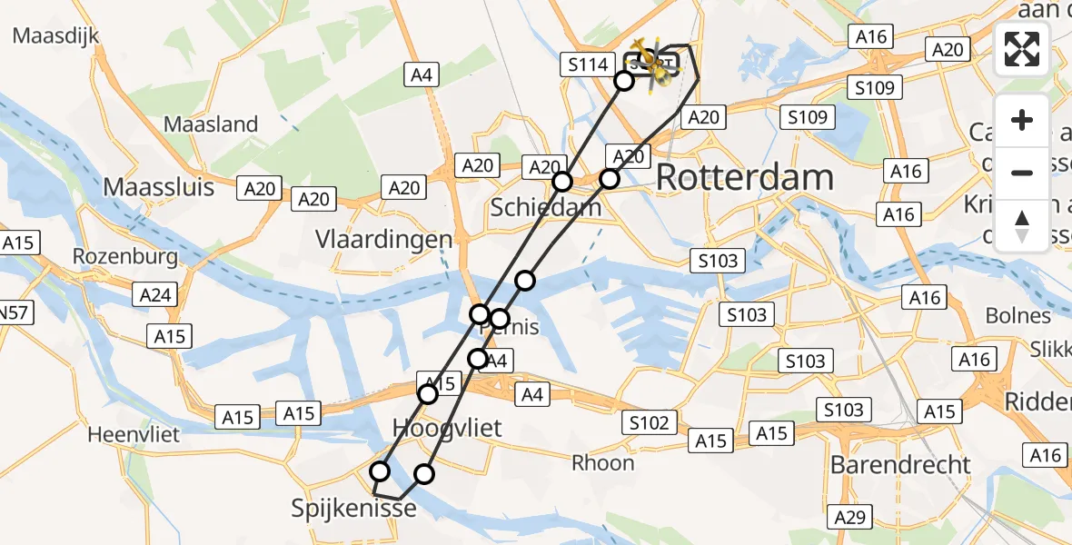 Vluchtroute Traumahelikopter van Rotterdam The Hague Airport naar Rotterdam The Hague Airport