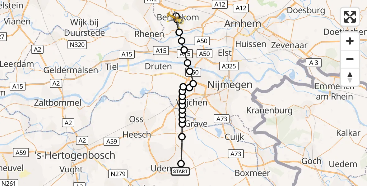 Vluchtroute Traumahelikopter van Vliegbasis Volkel naar Bennekom