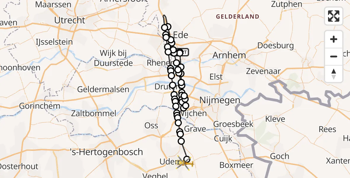Vluchtroute Traumahelikopter van Bennekom naar Vliegbasis Volkel