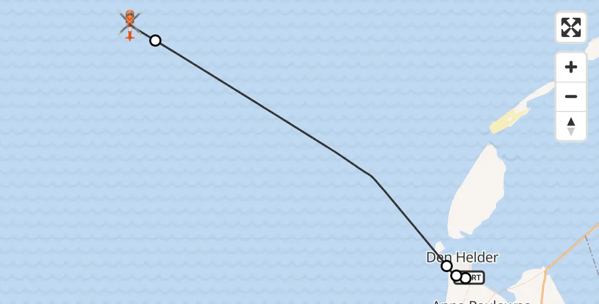 Vluchtroute Kustwachthelikopter van Militair vliegveld De Kooy / Den Helder Airport naar North Sea