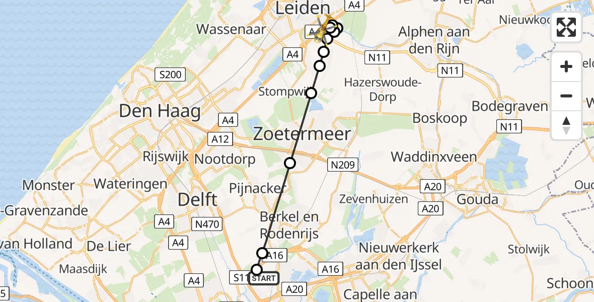 Vluchtroute Traumahelikopter van Rotterdam The Hague Airport naar Zoeterwoude-Rijndijk