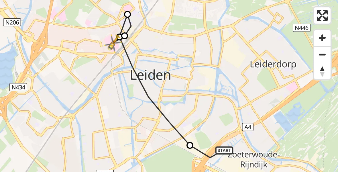 Vluchtroute Traumahelikopter van Zoeterwoude-Rijndijk naar Leiden University Medical Center Heliport