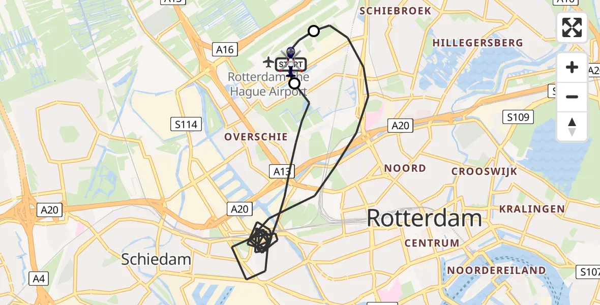 Vluchtroute Politiehelikopter van Rotterdam The Hague Airport naar Rotterdam The Hague Airport