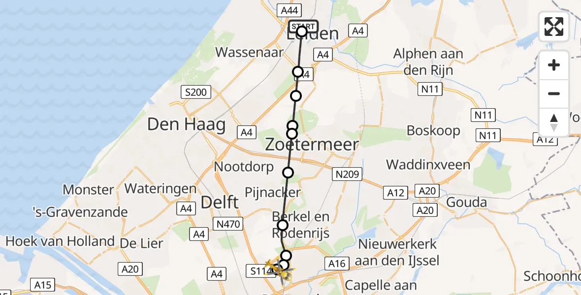 Vluchtroute Traumahelikopter van Leiden University Medical Center Heliport naar Rotterdam The Hague Airport