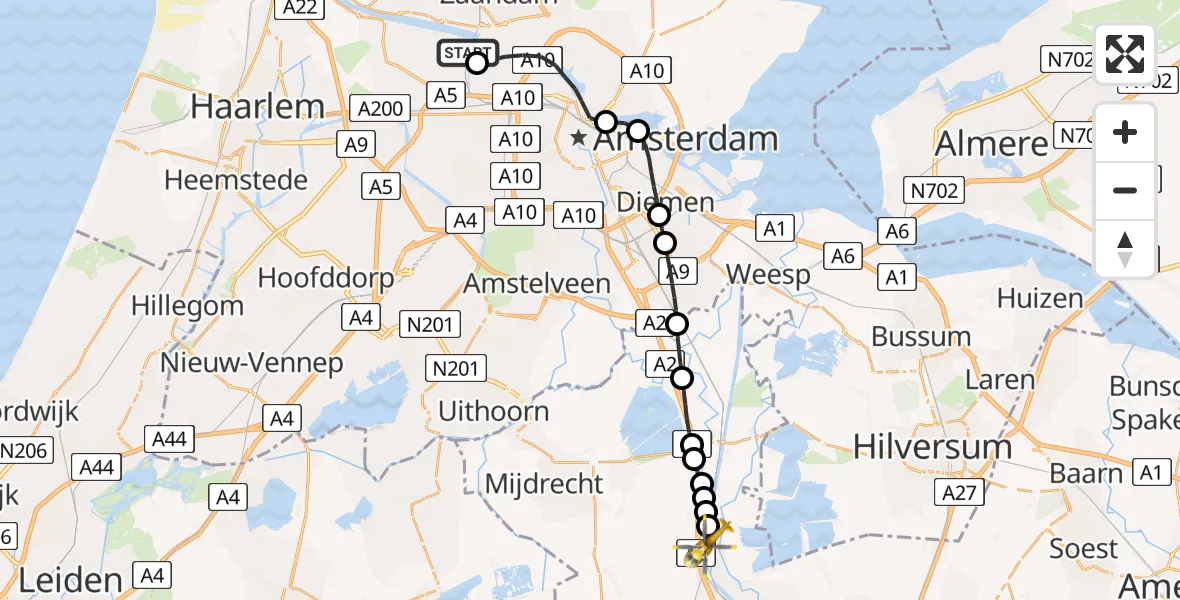 Vluchtroute Traumahelikopter van Amsterdam Heliport naar Breukelen