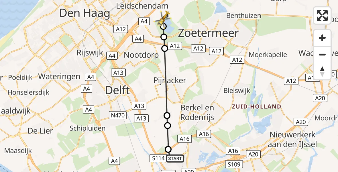 Vluchtroute Traumahelikopter van Rotterdam The Hague Airport naar Leidschendam