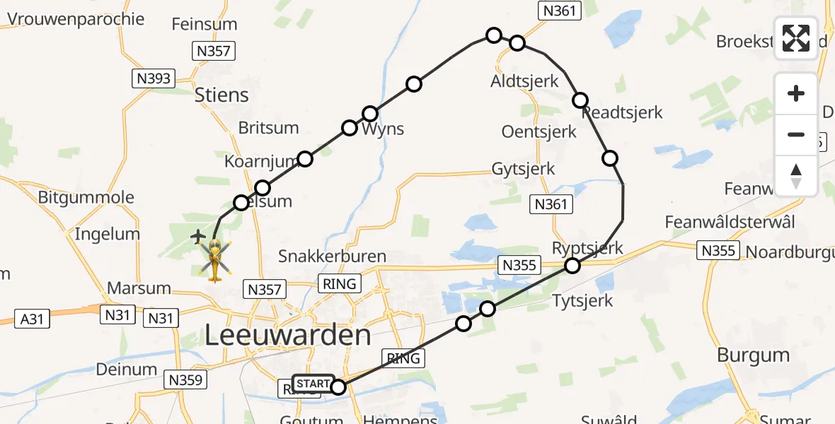 Vluchtroute Ambulancehelikopter van Leeuwarden Medical Center Heliport naar Vliegbasis Leeuwarden