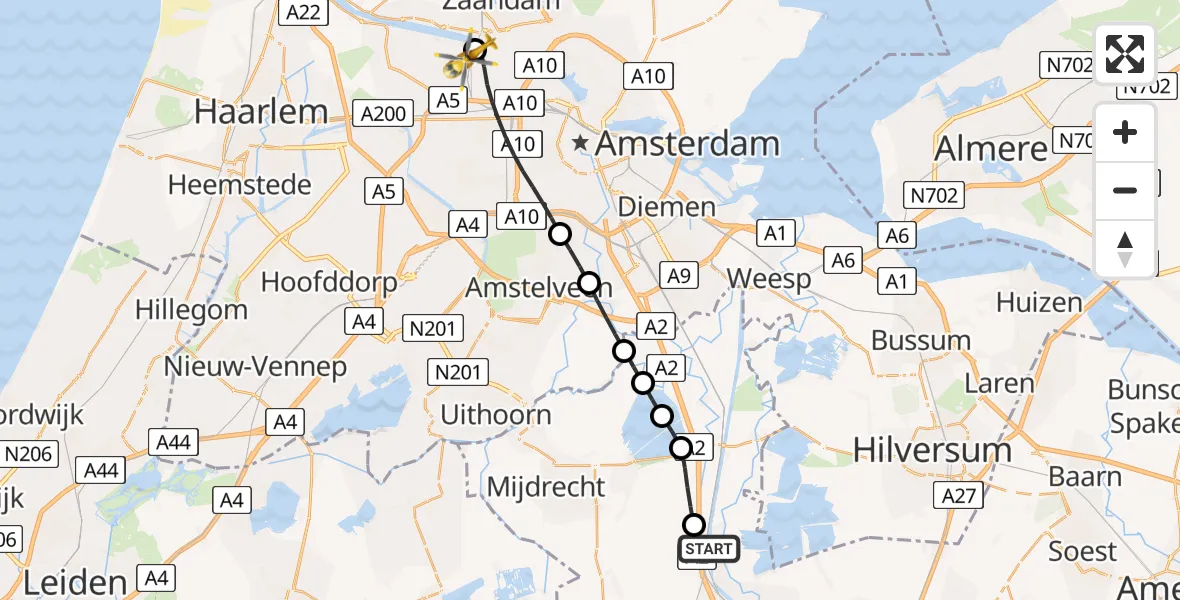 Vluchtroute Traumahelikopter van Breukelen naar Amsterdam Heliport