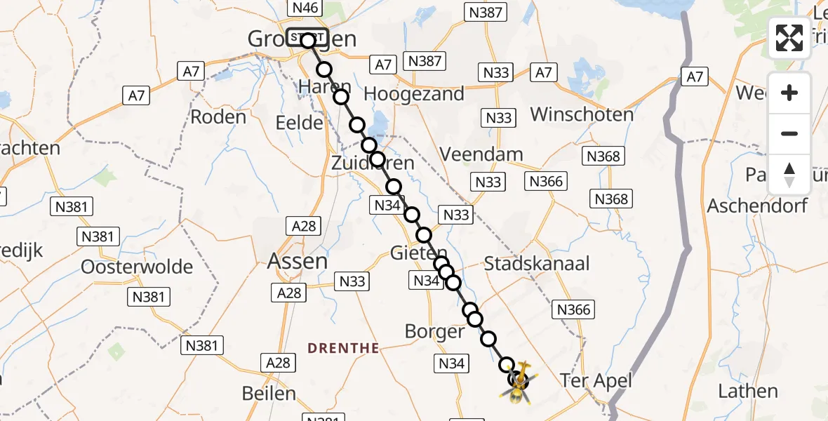 Vluchtroute Traumahelikopter van Universitair Medisch Centrum Groningen naar Valthermond