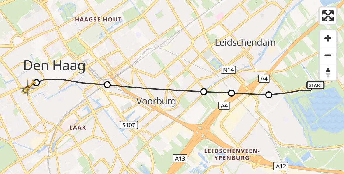 Vluchtroute Traumahelikopter van Leidschendam naar HMC Westeinde Heliport