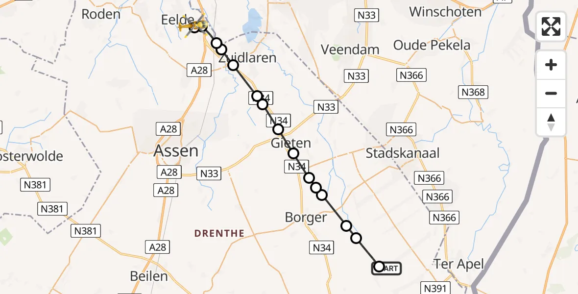 Vluchtroute Traumahelikopter van Valthermond naar Groningen Airport Eelde
