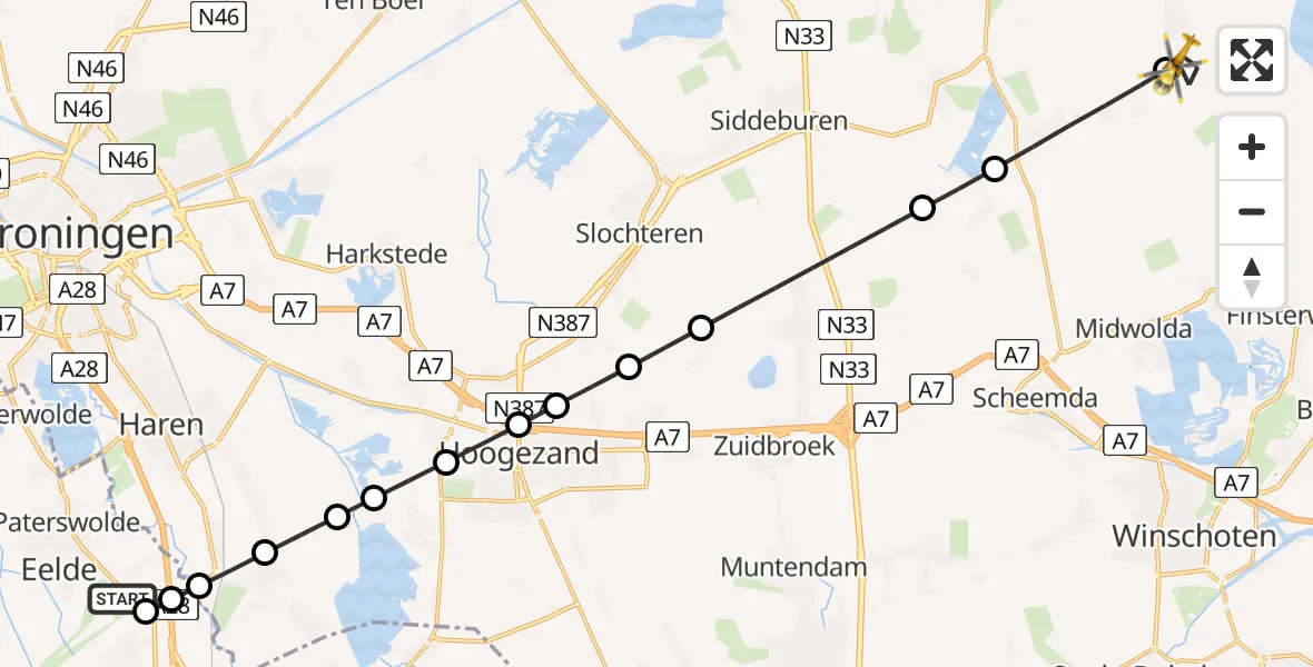 Vluchtroute Traumahelikopter van Groningen Airport Eelde naar Woldendorp