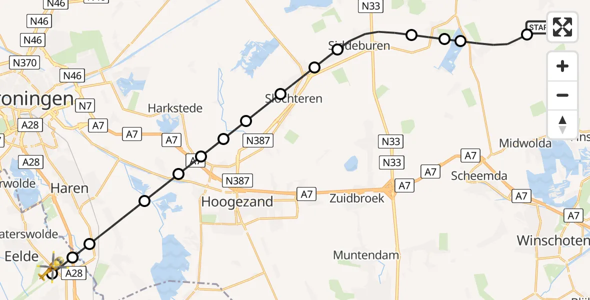Vluchtroute Traumahelikopter van Woldendorp naar Groningen Airport Eelde