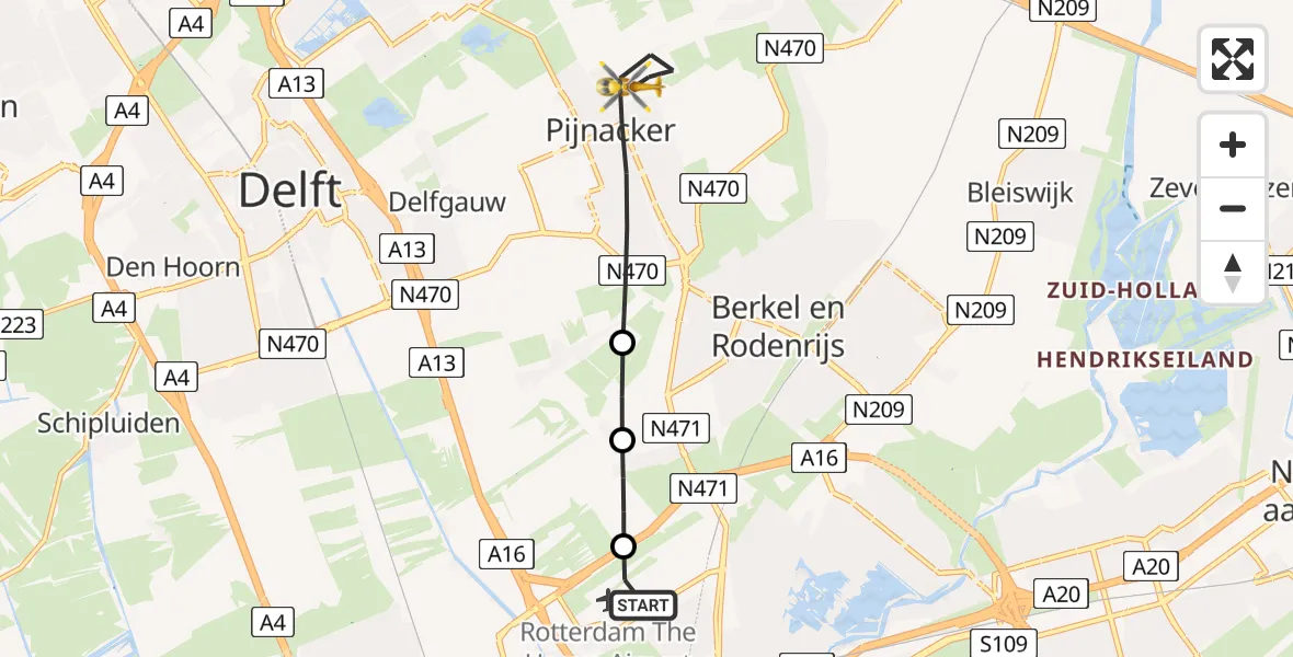 Vluchtroute Traumahelikopter van Rotterdam The Hague Airport naar Pijnacker