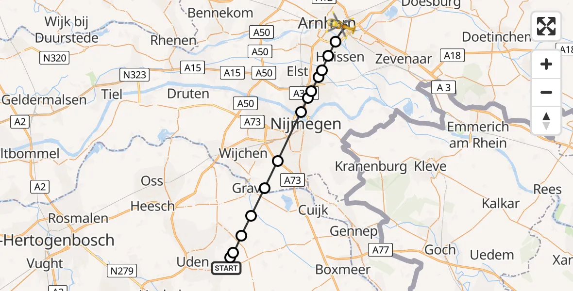 Vluchtroute Traumahelikopter van Vliegbasis Volkel naar Arnhem