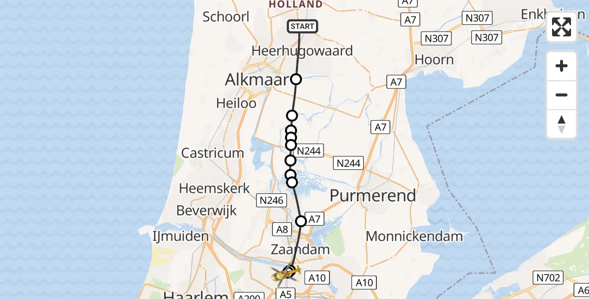 Vluchtroute Traumahelikopter van Heerhugowaard naar Amsterdam Heliport