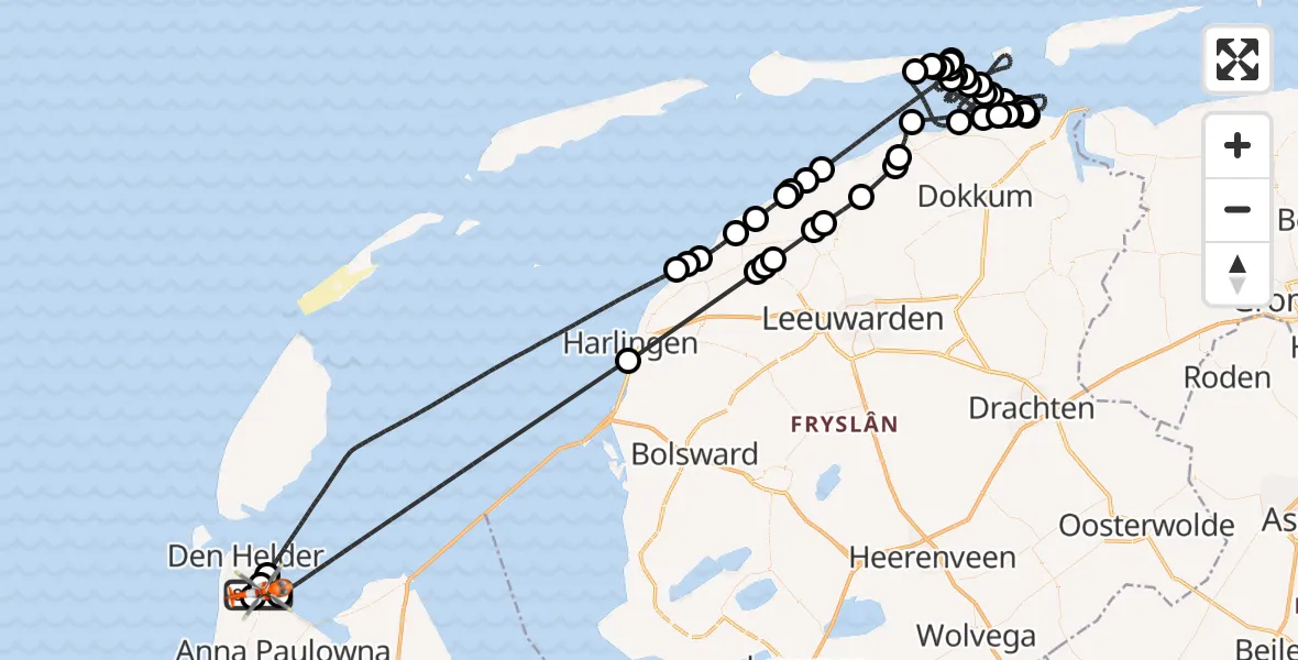 Vluchtroute Kustwachthelikopter van Militair vliegveld De Kooy / Den Helder Airport naar Militair vliegveld De Kooy / Den Helder Airport