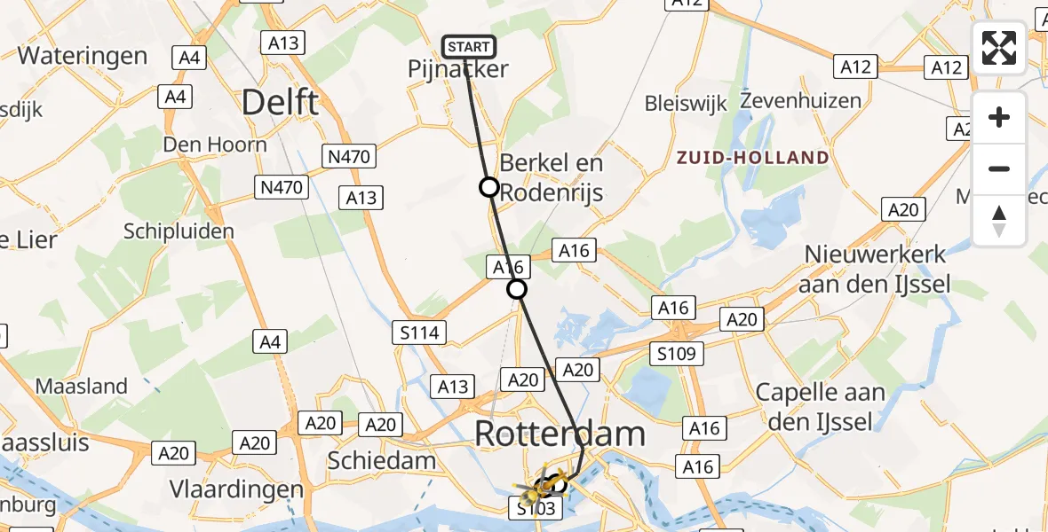 Vluchtroute Traumahelikopter van Pijnacker naar Leids Universitair Medisch Centrum (LUMC)