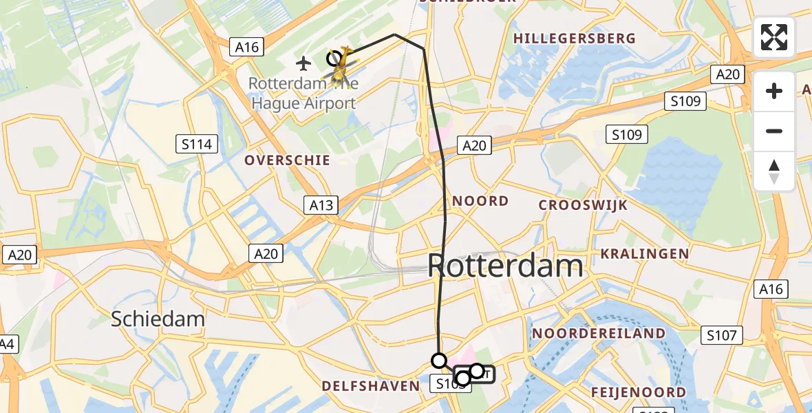 Vluchtroute Traumahelikopter van Leids Universitair Medisch Centrum (LUMC) naar Rotterdam The Hague Airport