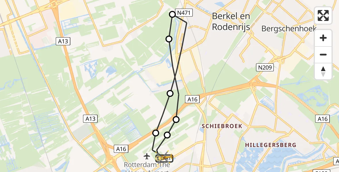 Vluchtroute Traumahelikopter van Rotterdam The Hague Airport naar Rotterdam The Hague Airport