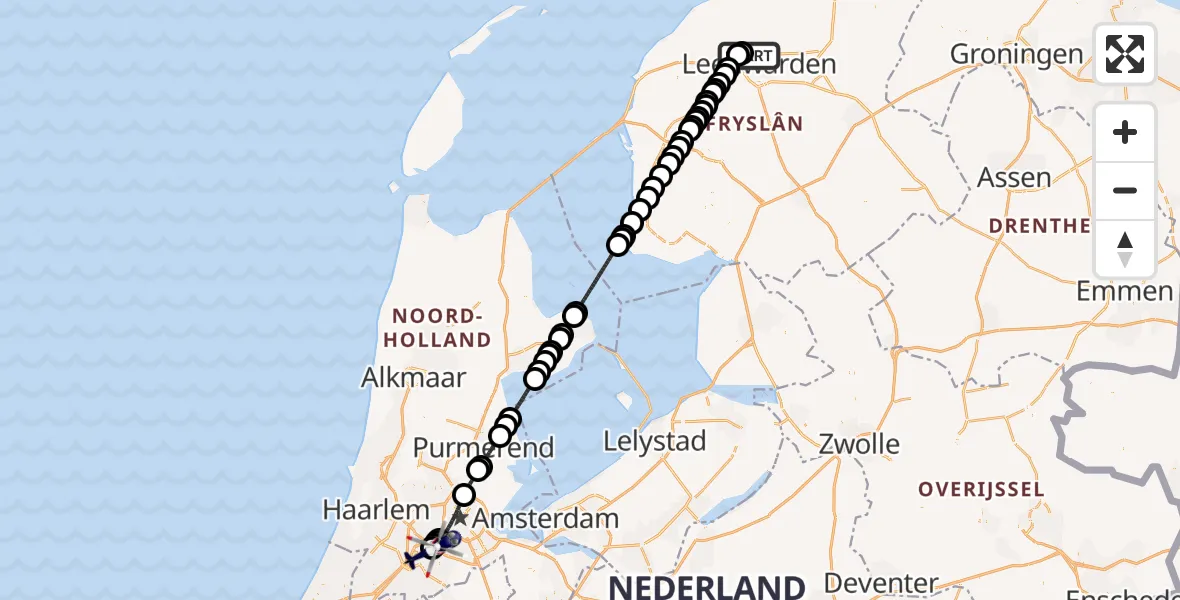 Vluchtroute Politiehelikopter van Vliegbasis Leeuwarden naar Amsterdam Vliegveld Schiphol