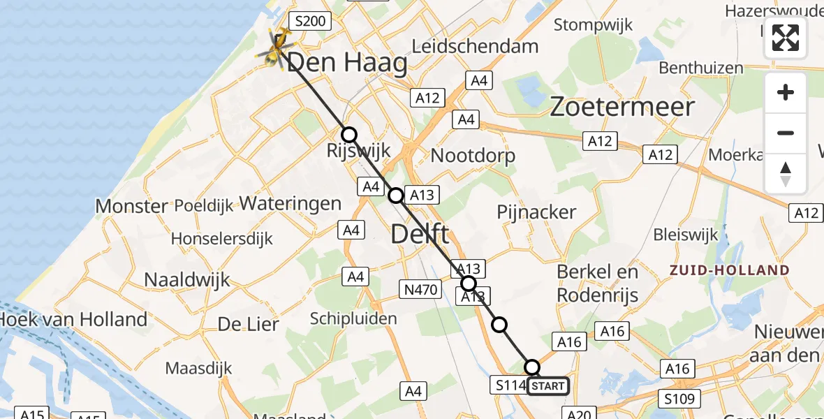Vluchtroute Traumahelikopter van Rotterdam The Hague Airport naar Den Haag