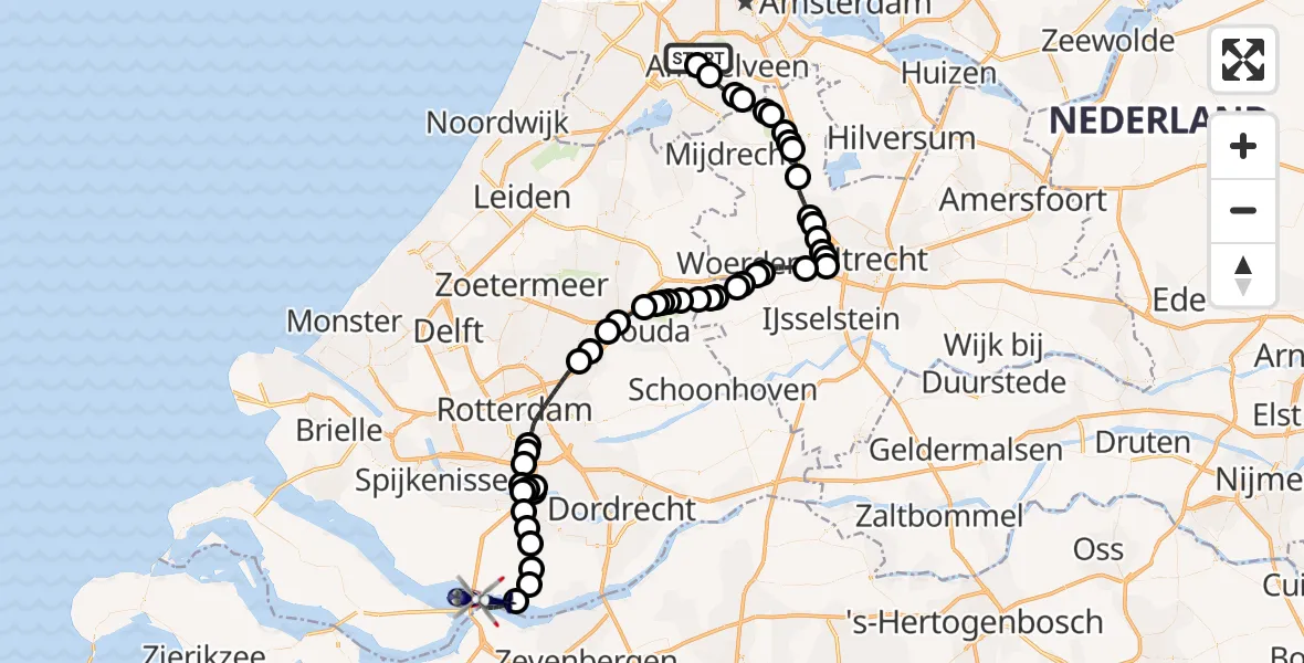 Vluchtroute Politiehelikopter van Amsterdam Vliegveld Schiphol naar Hollandsch Diep